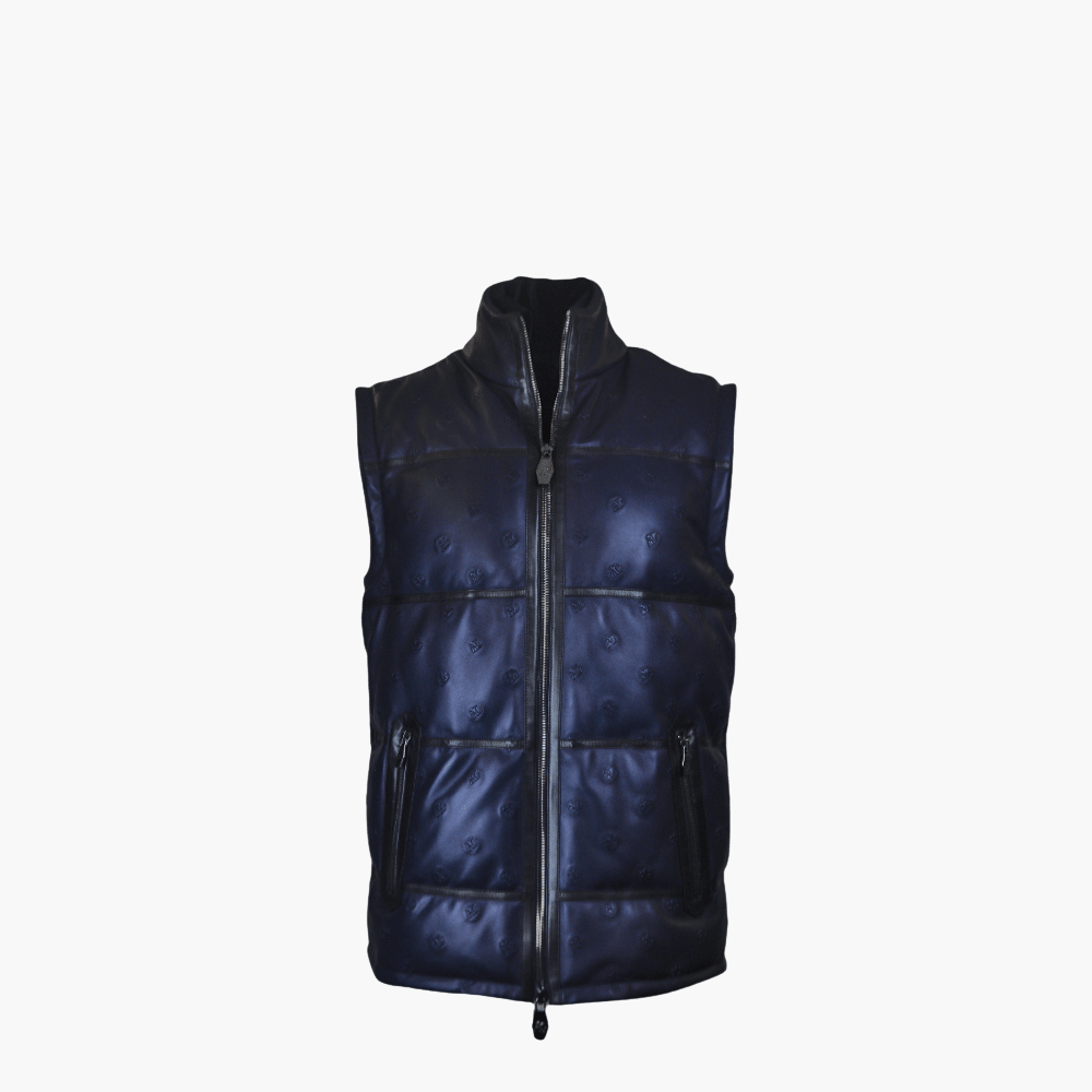 Blue Leather Outwear Jacket with AG Print - Angelo Galasso - Luxury Italian Menswear London