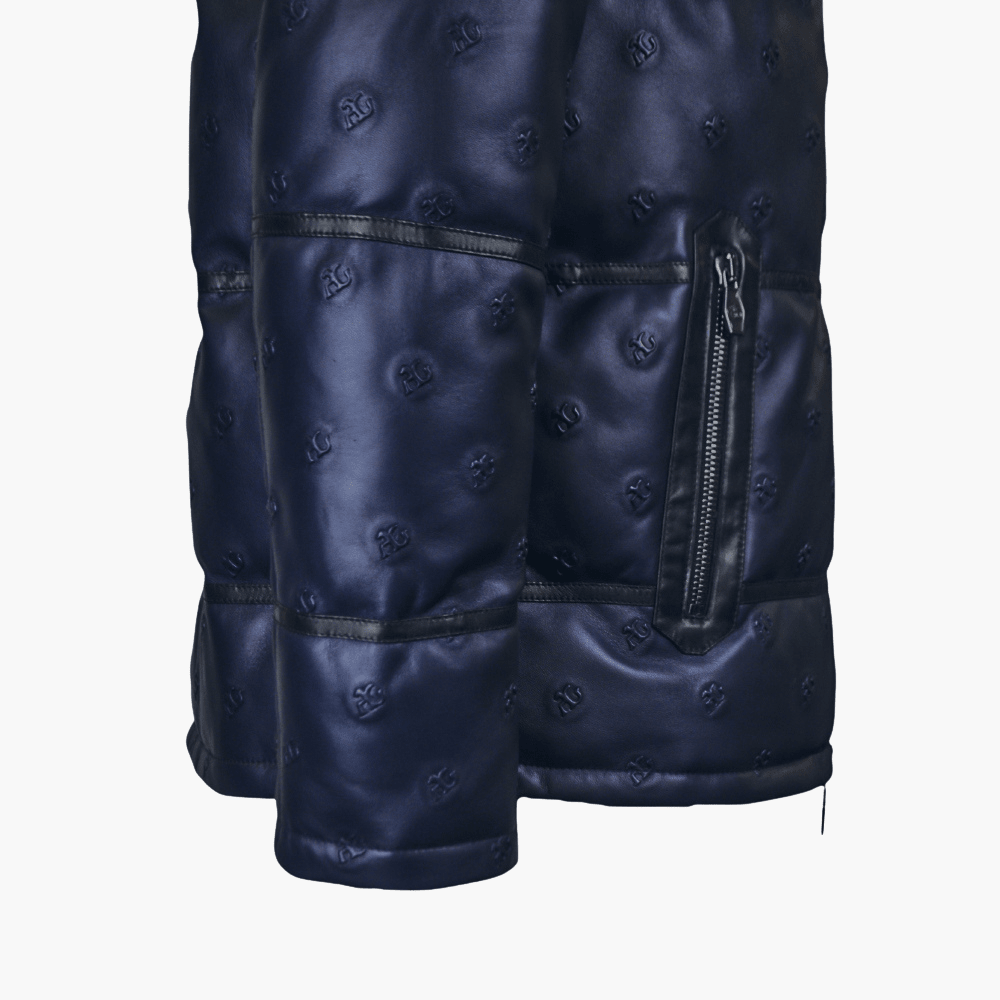 Blue Leather Outwear Jacket with AG Print - Angelo Galasso - Luxury Italian Menswear London