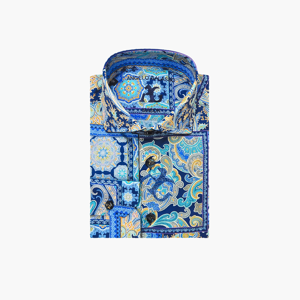 Blue Paisley Piping Shirt - Angelo Galasso - Luxury Italian Menswear London