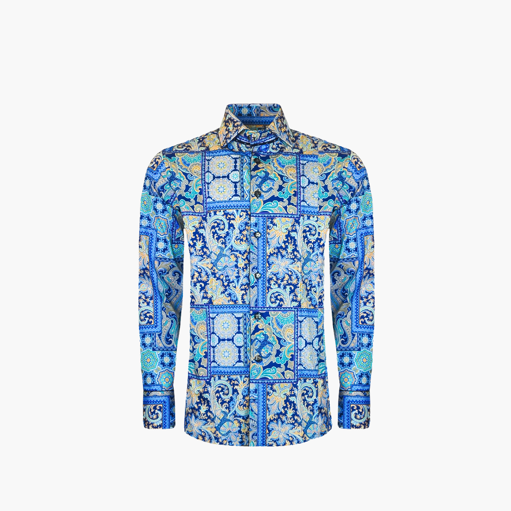 Blue Paisley Piping Shirt - Angelo Galasso - Luxury Italian Menswear London