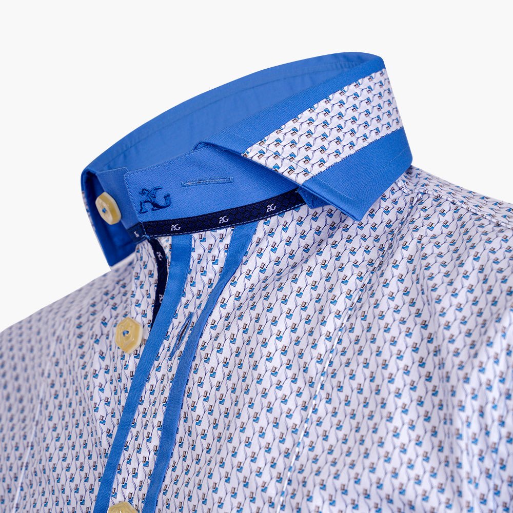 Blue Mason Shirt with Geometric Design - Angelo Galasso - Luxury Italian Menswear London