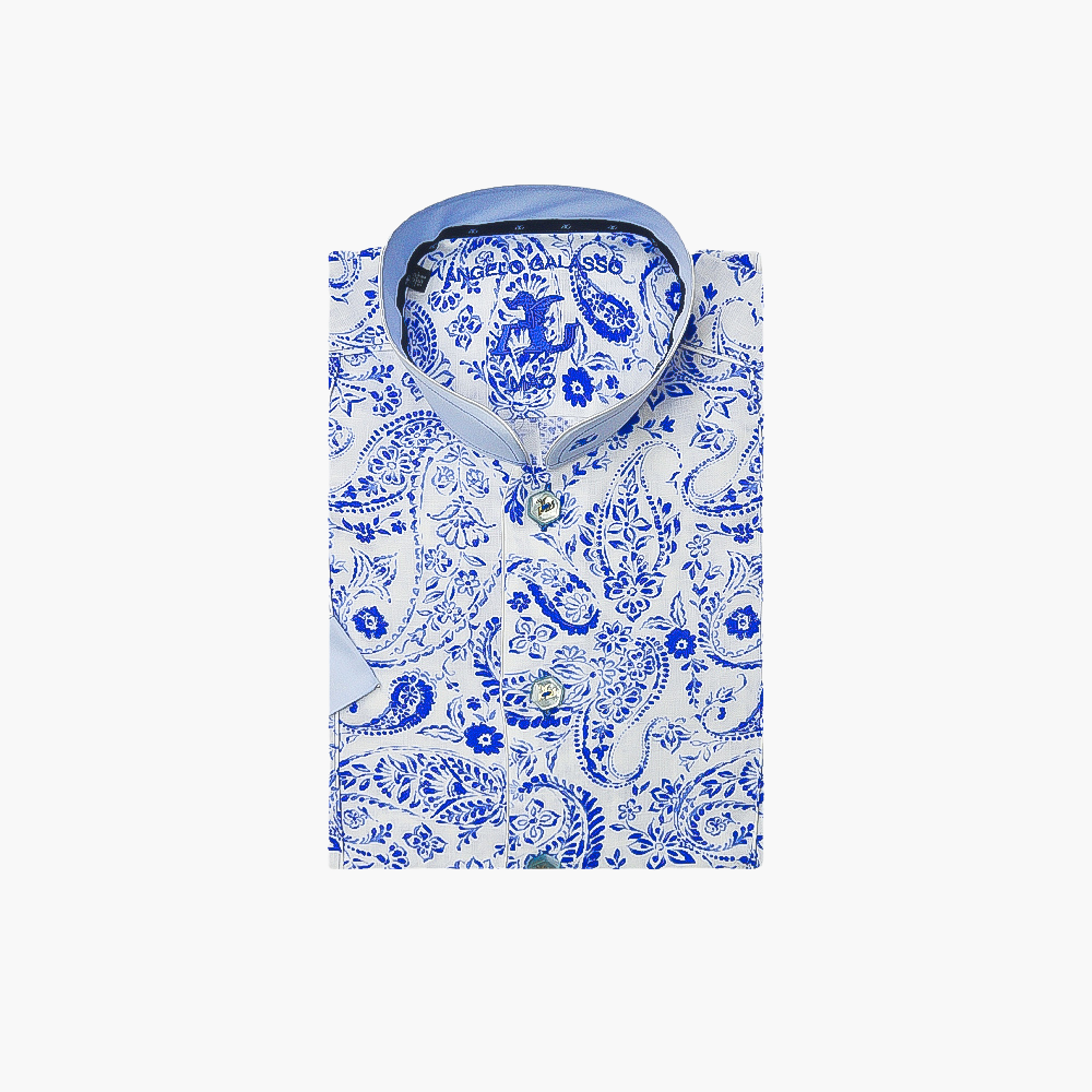 Blue Paisley Mao Short Sleeves Shirt