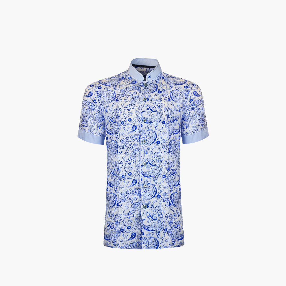 Blue Paisley Mao Short Sleeves Shirt