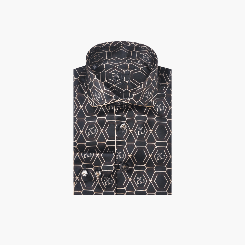 Black & Brown Honeycomb AG Print Mason Shirt - Angelo Galasso - Luxury Italian Menswear London