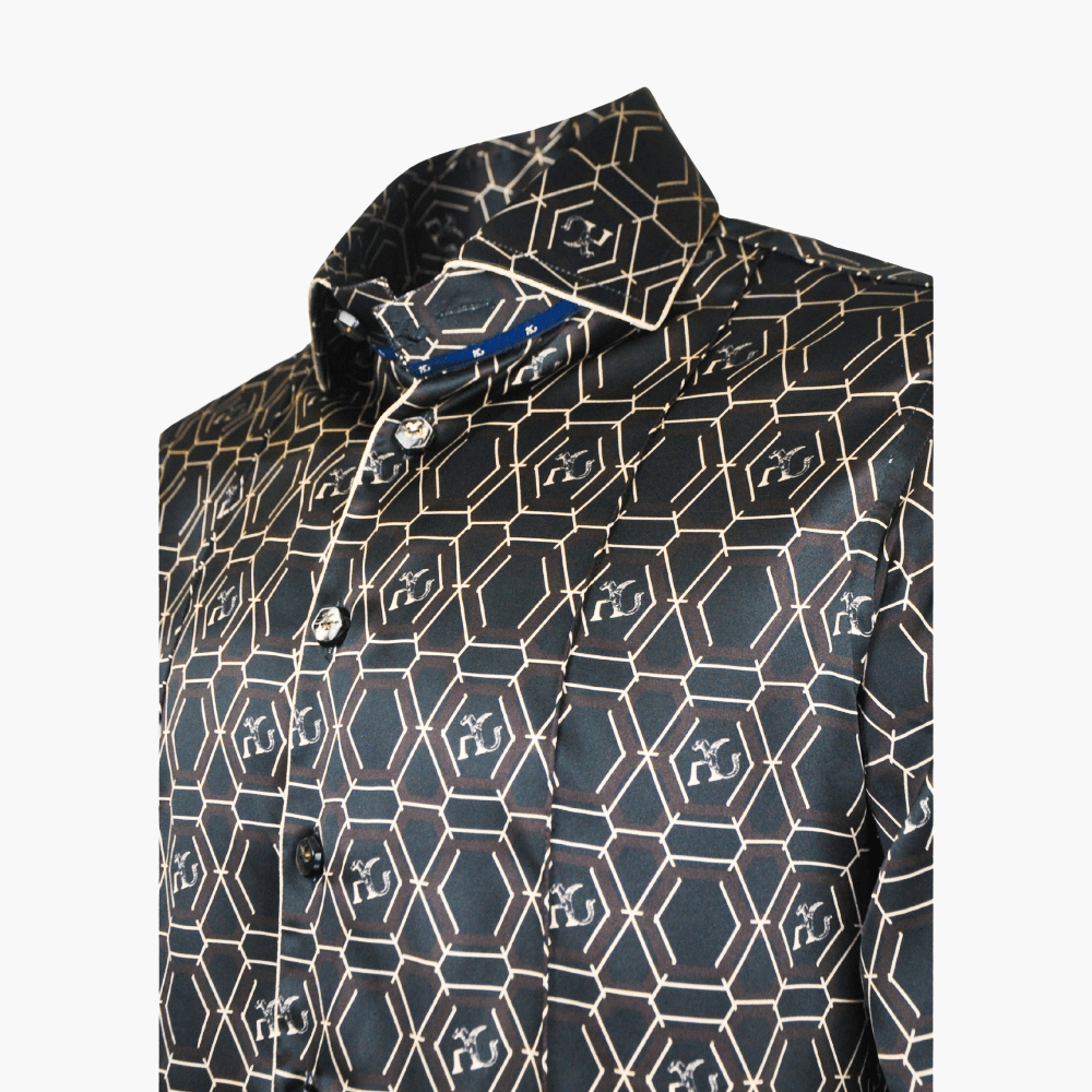 Black & Brown Honeycomb AG Print Mason Shirt - Angelo Galasso - Luxury Italian Menswear London