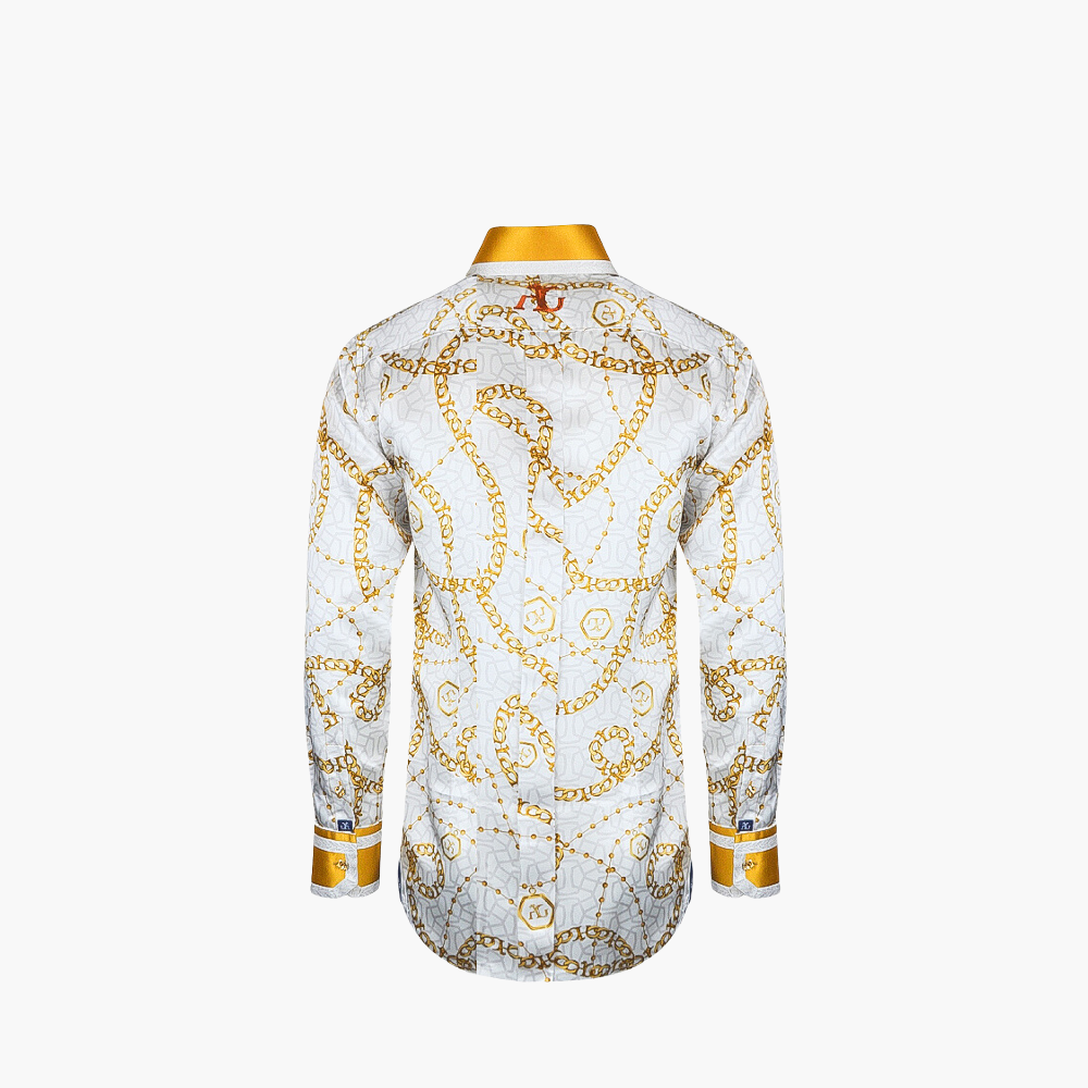 White & Gold Silk AG Chain Mason Shirt 38