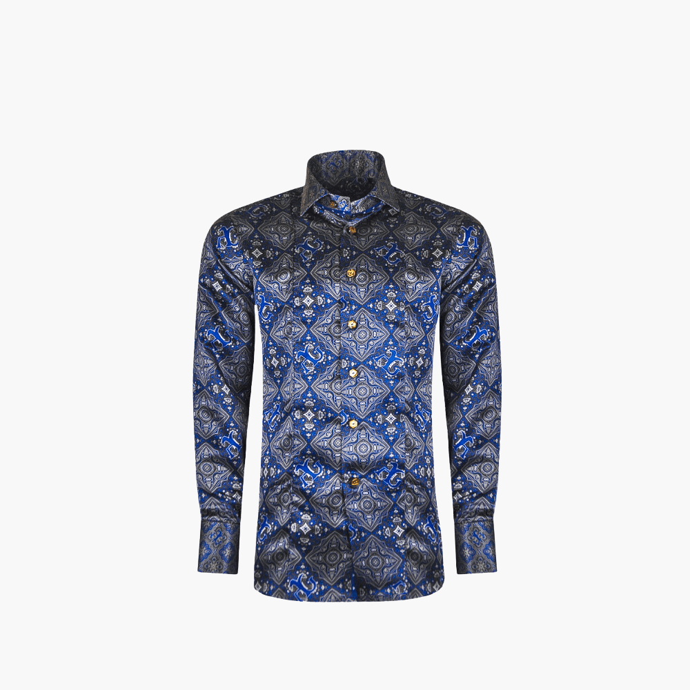 Blue & Grey Custom Print Silk Mason Shirt - Angelo Galasso - Luxury Italian Menswear London