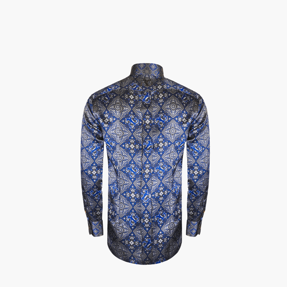 Blue & Grey Custom Print Silk Mason Shirt - Angelo Galasso - Luxury Italian Menswear London