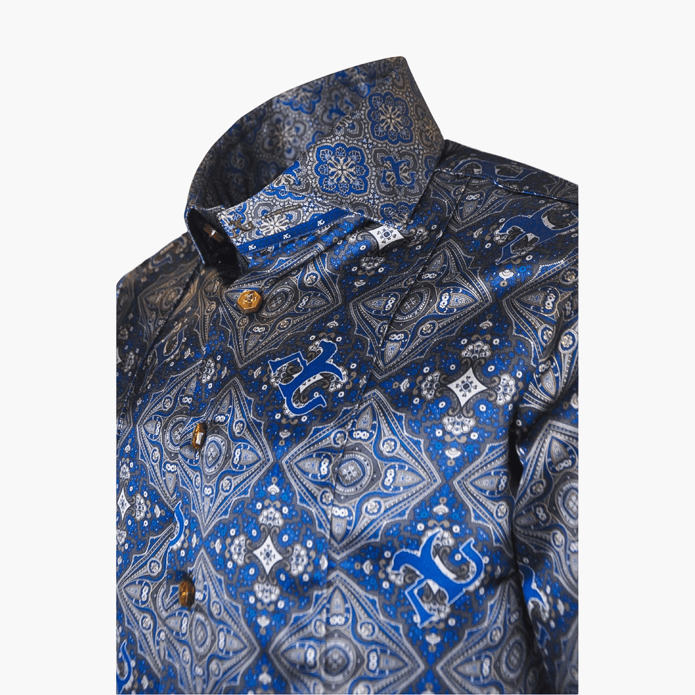 Blue & Grey Custom Print Silk Mason Shirt - Angelo Galasso - Luxury Italian Menswear London