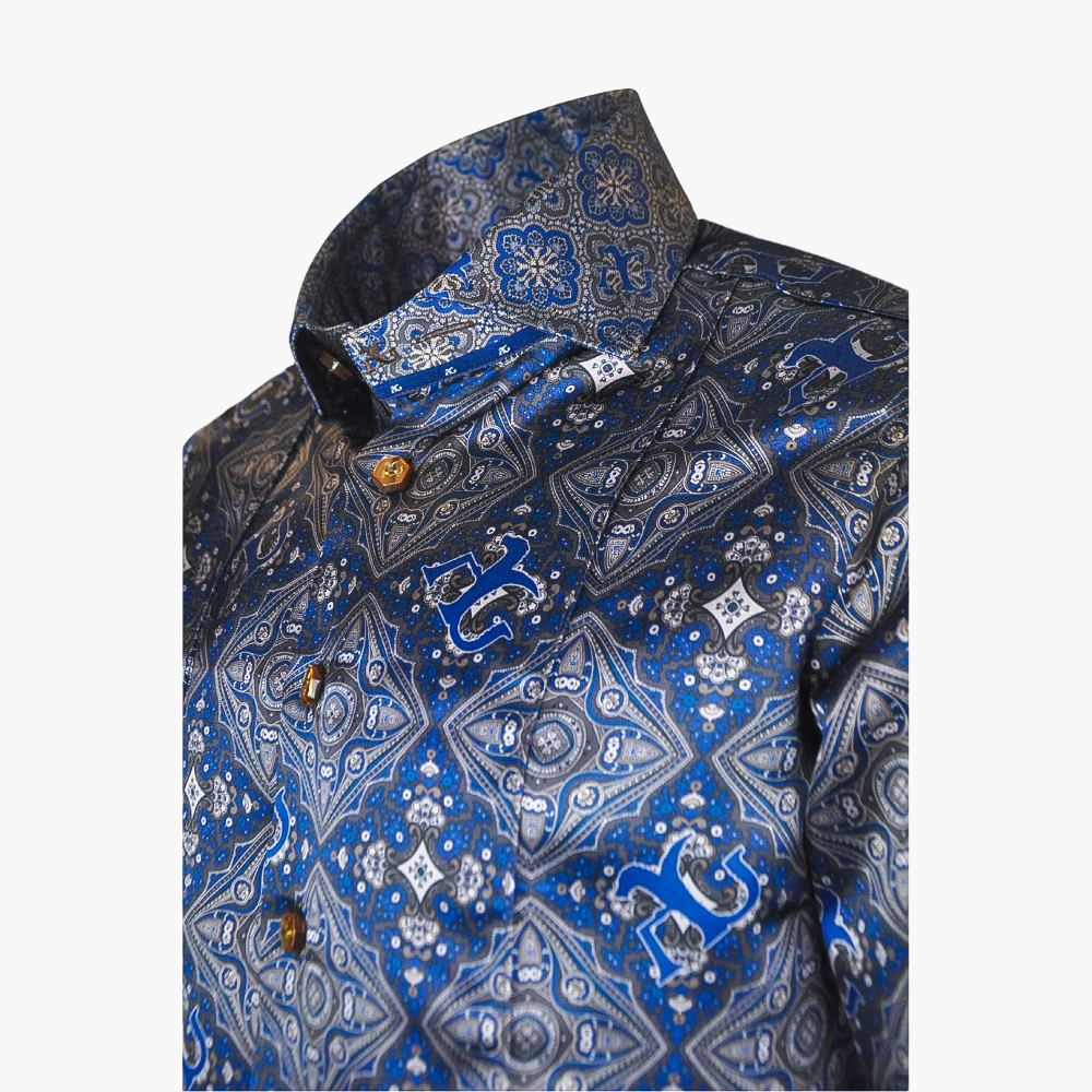 Blue & Grey Custom Print Silk Mason Shirt -
