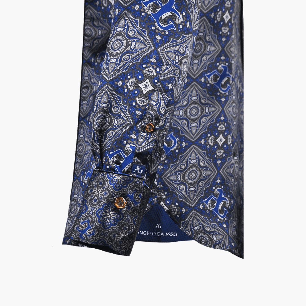 Blue & Grey Custom Print Silk Mason Shirt - Angelo Galasso - Luxury Italian Menswear London