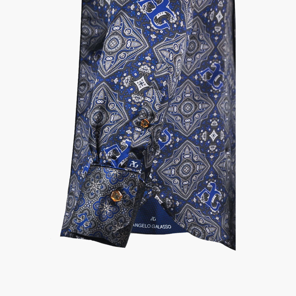 Blue & Grey Custom Print Silk Mason Shirt -