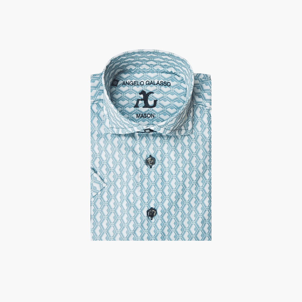 White & Gray Honeycomb Short Sleeves Mason Shirt - Angelo Galasso - Luxury Italian Menswear London