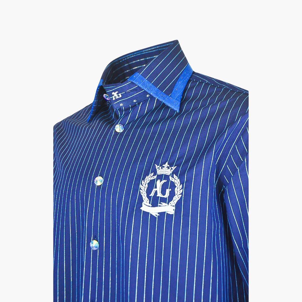 Blue Metallic Stripes Alloro Corleone Shirt - ANGELO GALASSO