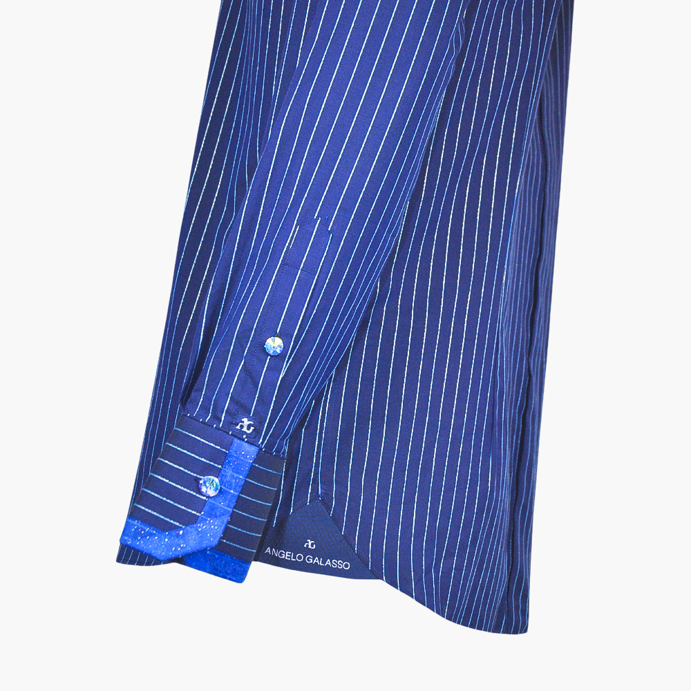 Blue Metallic Stripes Alloro Corleone Shirt - ANGELO GALASSO