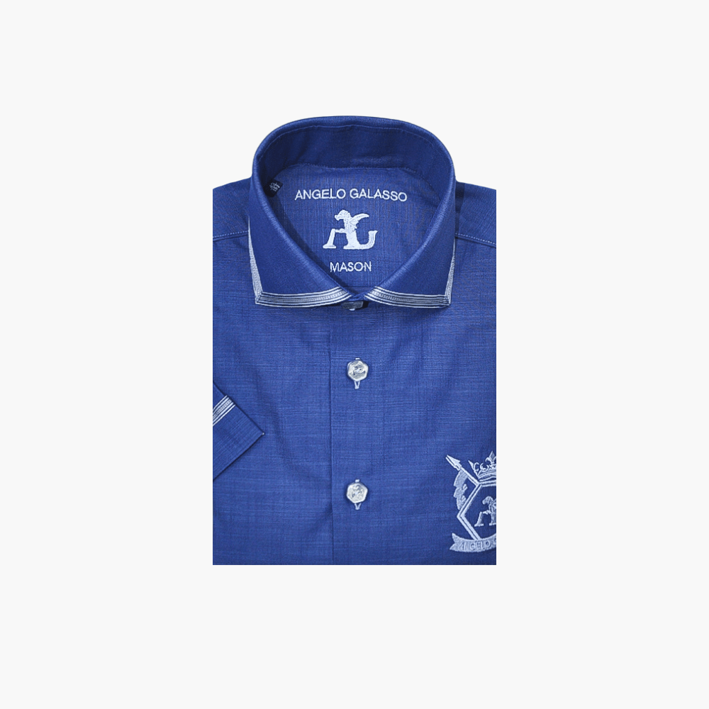 Blue Hexagonal Linen Short Sleeves Mason Shirt - Angelo Galasso - Luxury Italian Menswear London