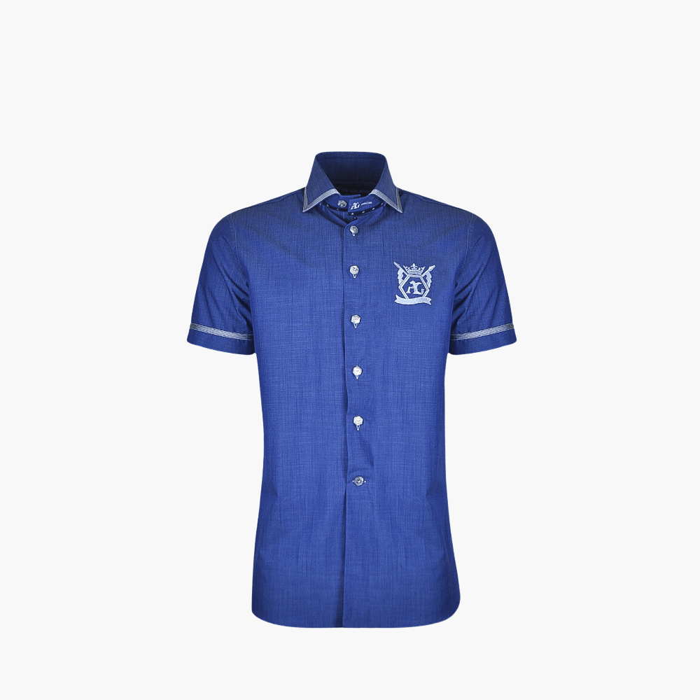 Blue Hexagonal Linen Short Sleeves Mason Shirt - Angelo Galasso - Luxury Italian Menswear London