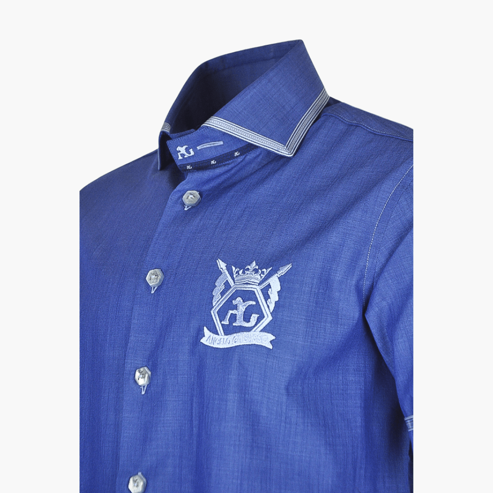 Blue Hexagonal Linen Short Sleeves Mason Shirt - Angelo Galasso - Luxury Italian Menswear London