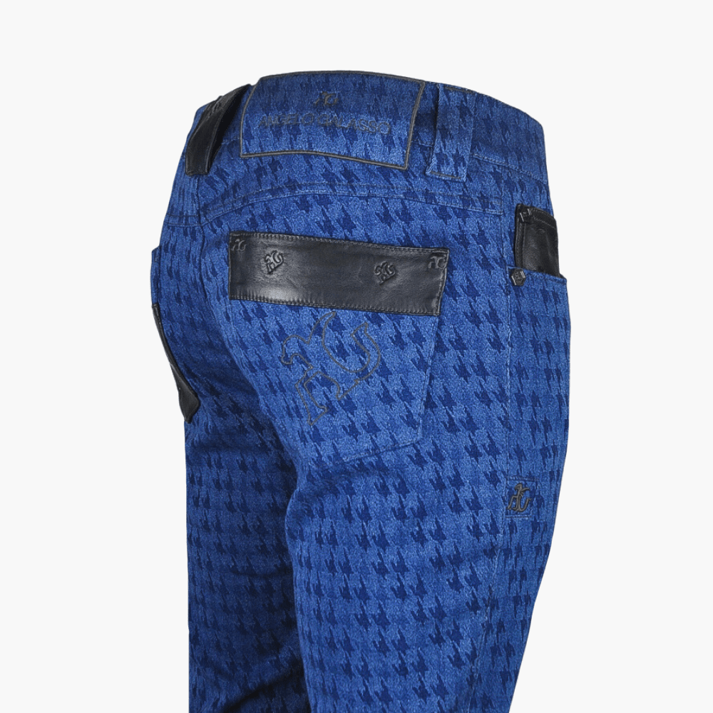 Jacquard Houndstooth Jeans with Leather Inserts - Angelo Galasso - Luxury Italian Menswear London