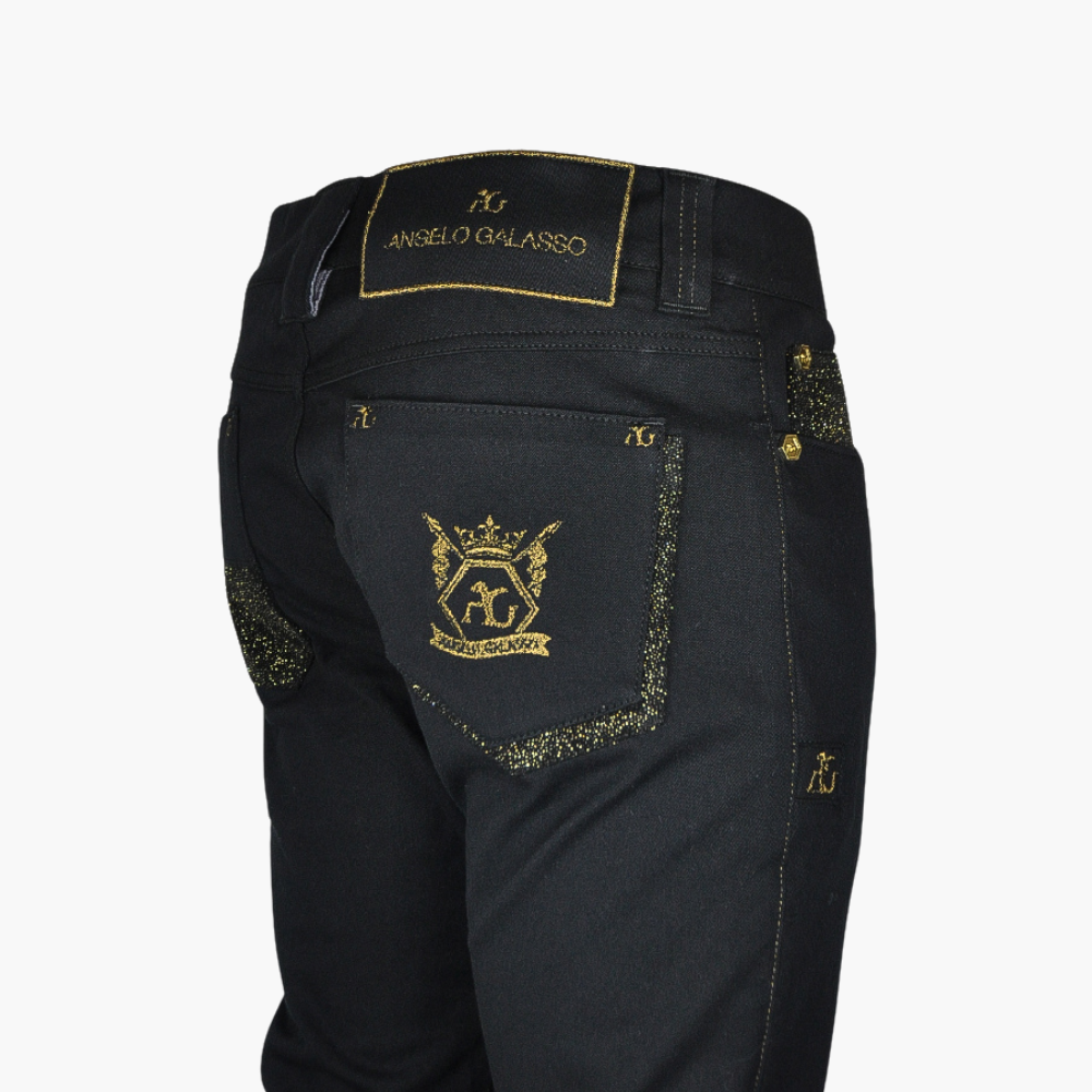 Black Glitter Jeans with Gold Hexagonal Logo ANGELO GALASSO