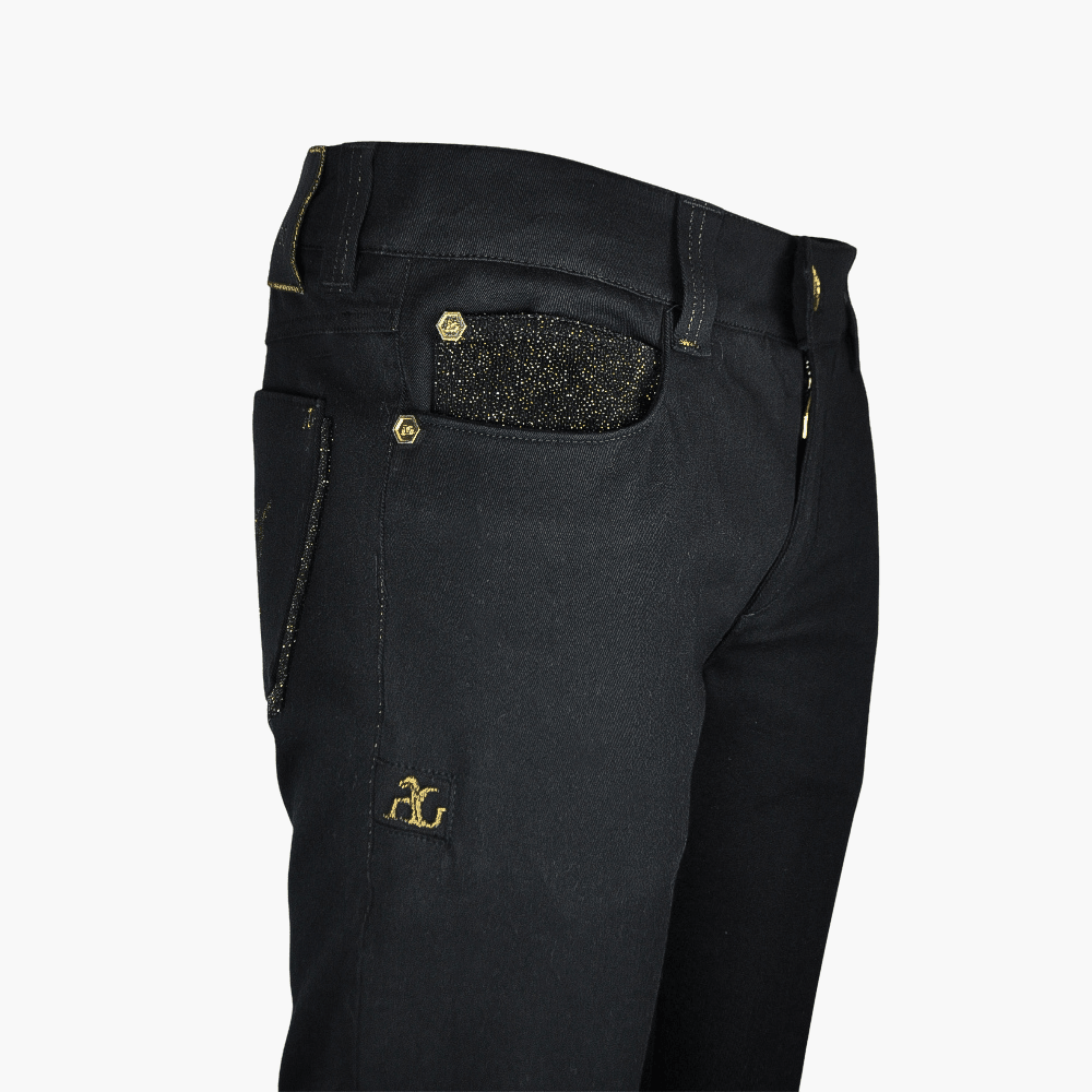 Black Glitter Jeans with Gold Hexagonal Logo - Angelo Galasso - Luxury Italian Menswear London