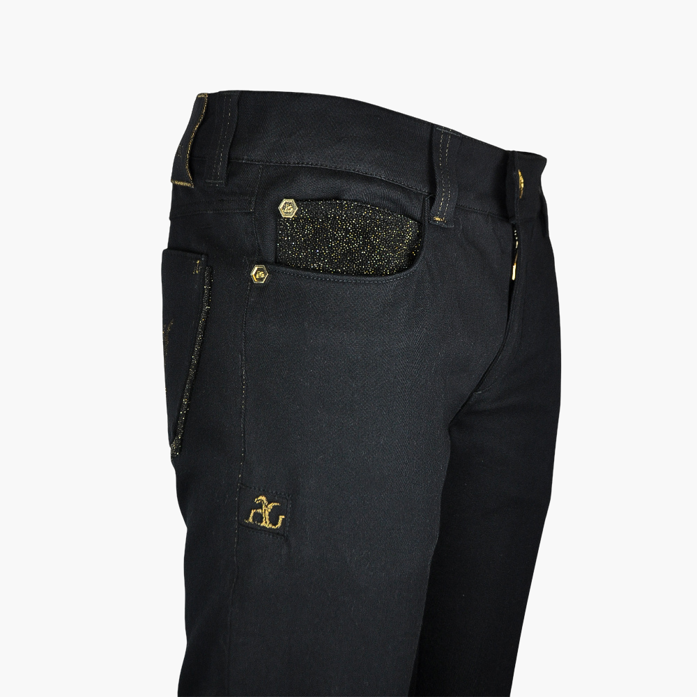 Black Glitter Jeans with Gold Hexagonal Logo ANGELO GALASSO