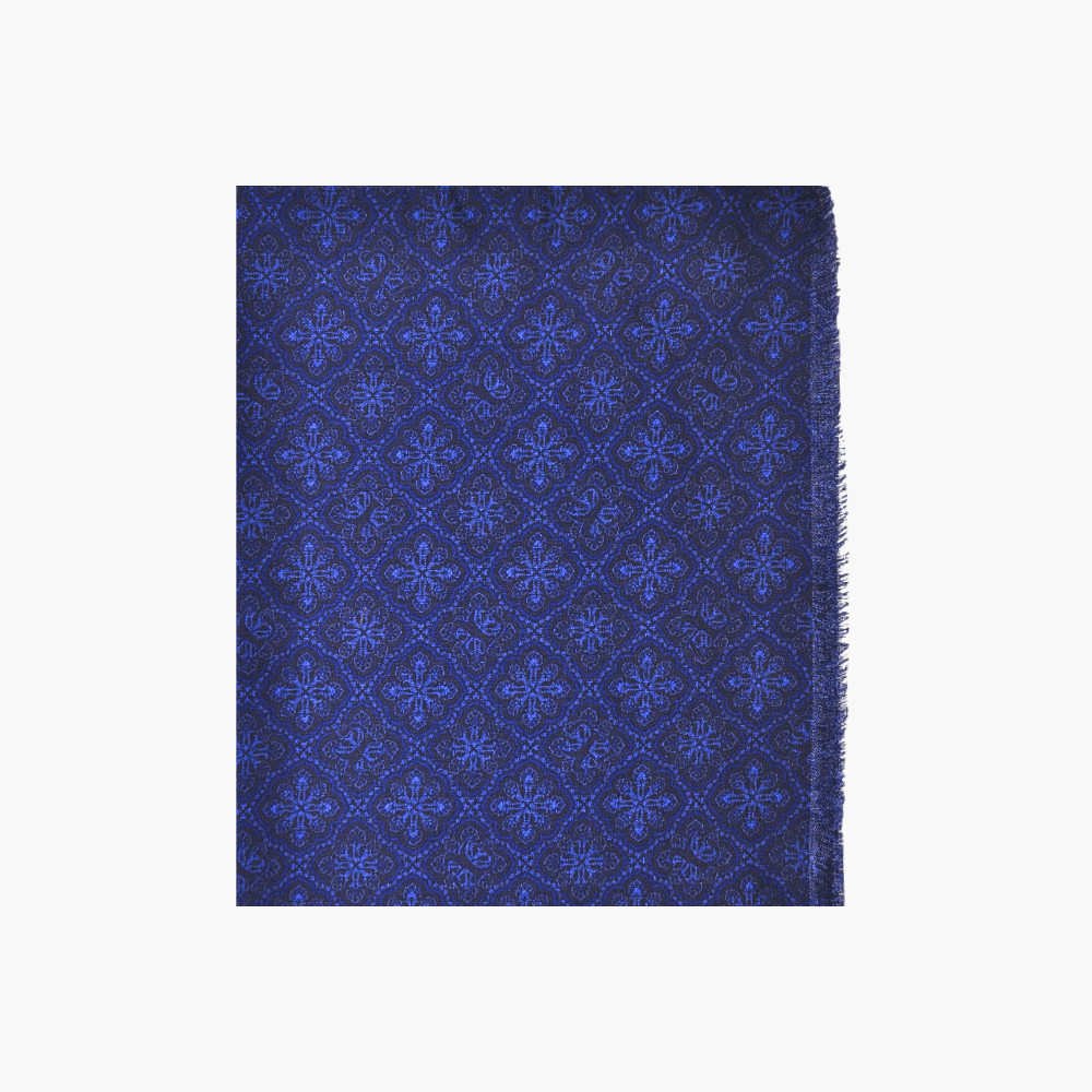 Blue Wool & Silk AG Print Azulejo Scarf - Angelo Galasso - Luxury Italian Menswear London