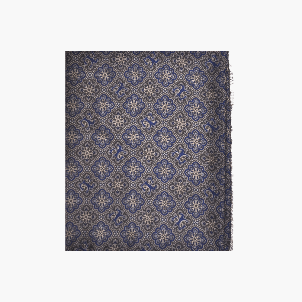 Beige & Blue Wool and Silk AG Print Azulejo Scarf - Angelo Galasso - Luxury Italian Menswear London
