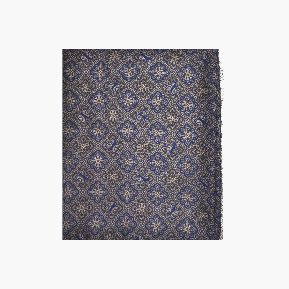 Beige & Blue Wool and Silk AG Print Azulejo Scarf - AG23WPSCA01