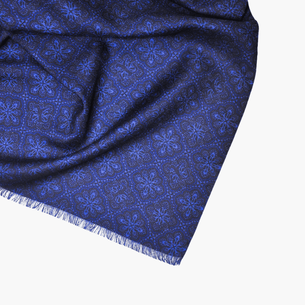 Blue Wool & Silk AG Print Azulejo Scarf - Angelo Galasso - Luxury Italian Menswear London