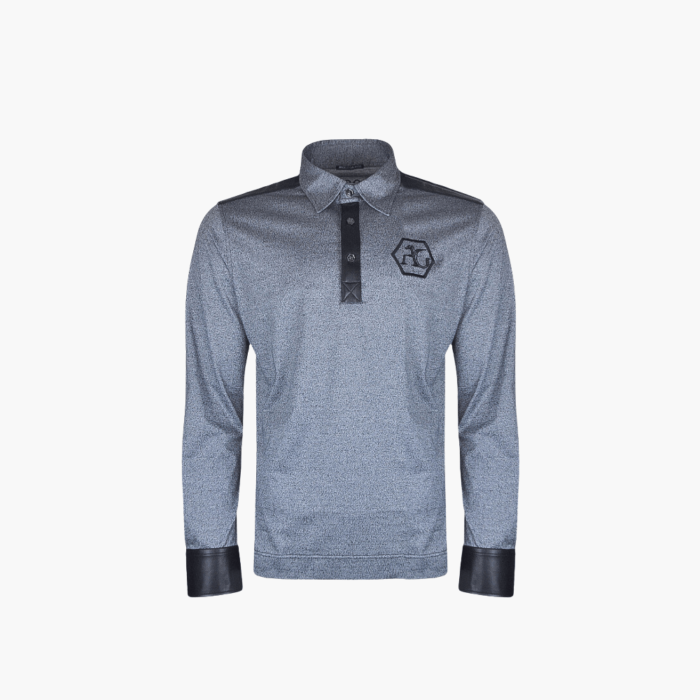 Melange Grey Long-Sleeve Hexagonal Leather Polo - Angelo Galasso - Luxury Italian Menswear London