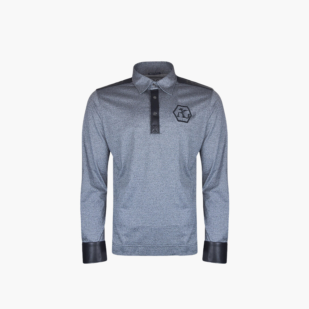 Melange Grey Long-Sleeve Hexagonal Leather Polo –