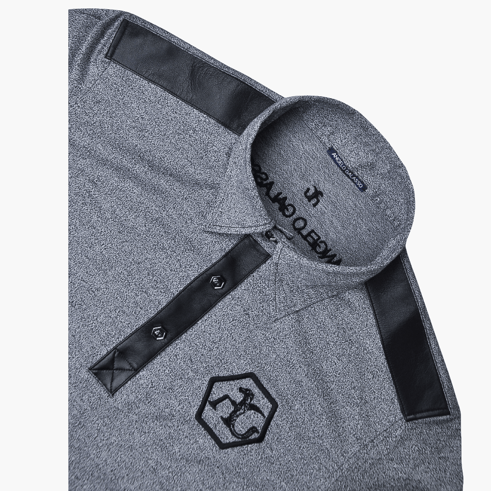 Melange Grey Long-Sleeve Hexagonal Leather Polo - Angelo Galasso - Luxury Italian Menswear London