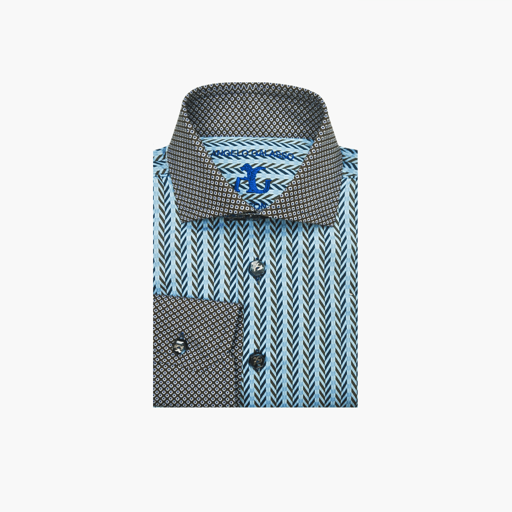 Blue & Brown Herringbone and Circles Shirt - Angelo Galasso - Luxury Italian Menswear London