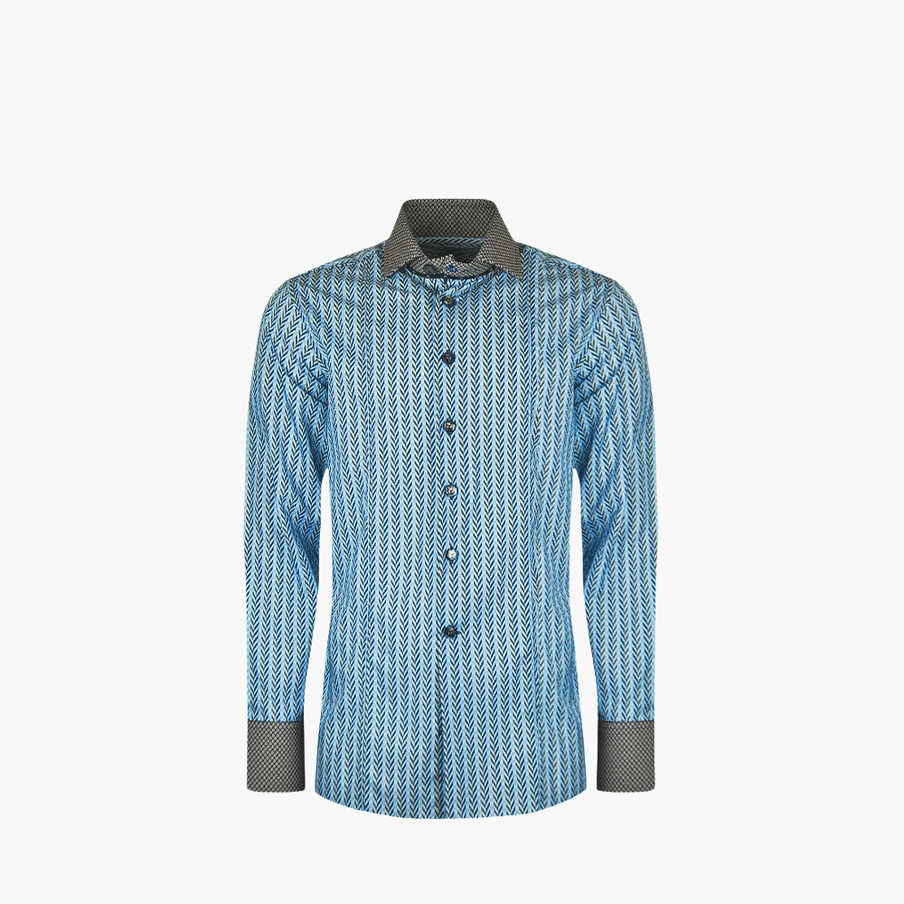 Blue & Brown Herringbone and Circles Shirt - Angelo Galasso - Luxury Italian Menswear London
