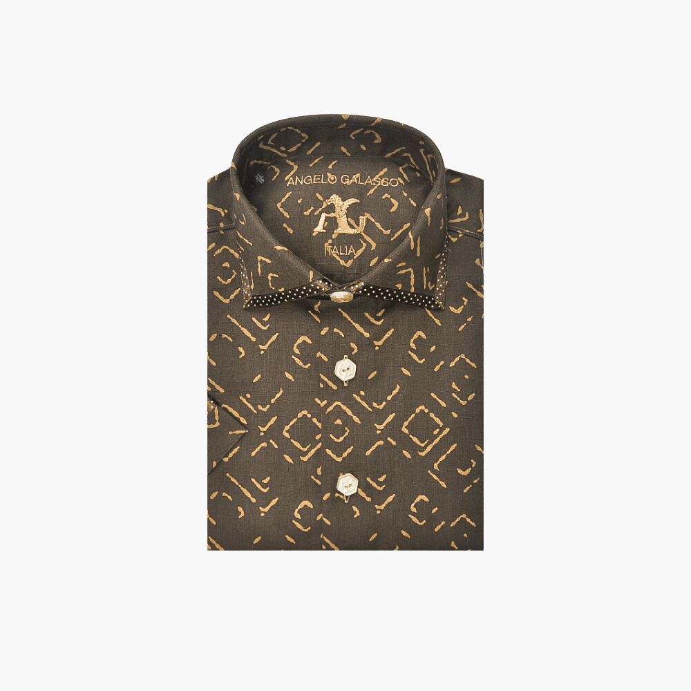 Brown Fret Pattern Short Sleeves Linen Shirt - Angelo Galasso - Luxury Italian Menswear London