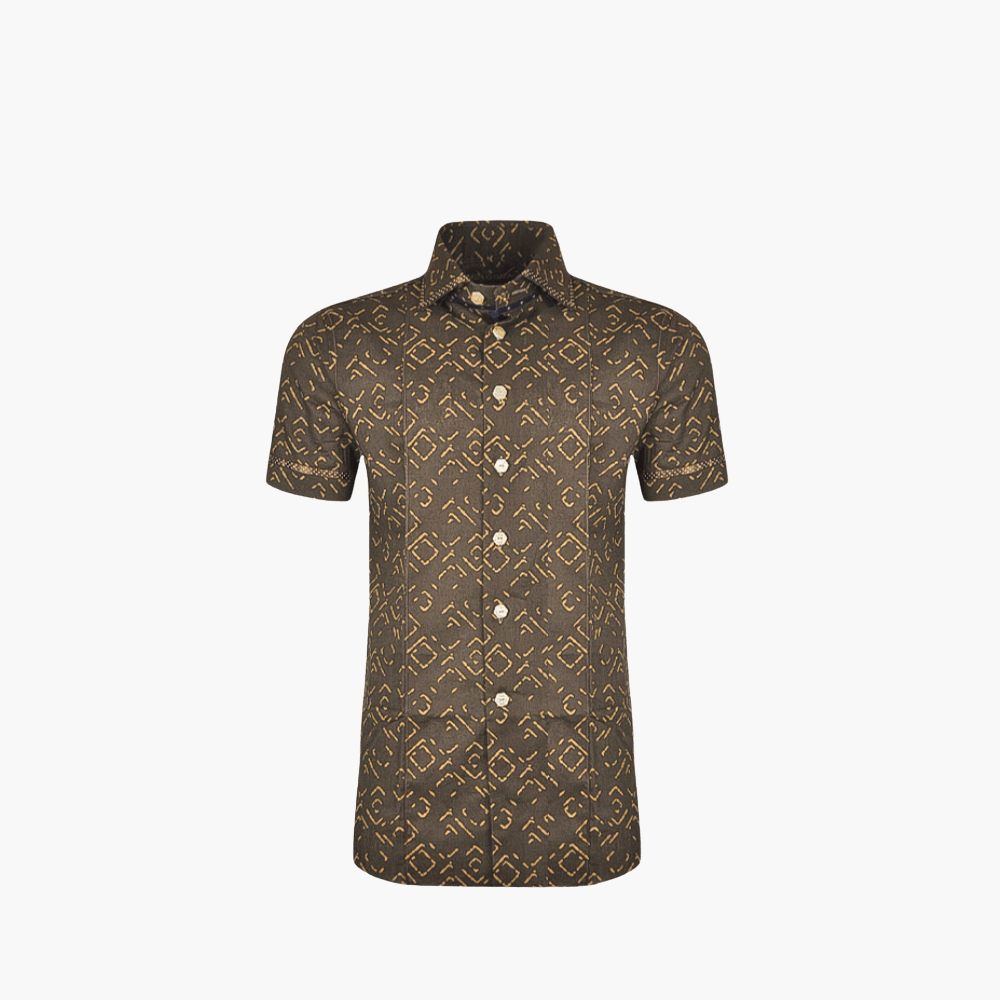Brown Fret Pattern Short Sleeves Linen Shirt - Angelo Galasso - Luxury Italian Menswear London