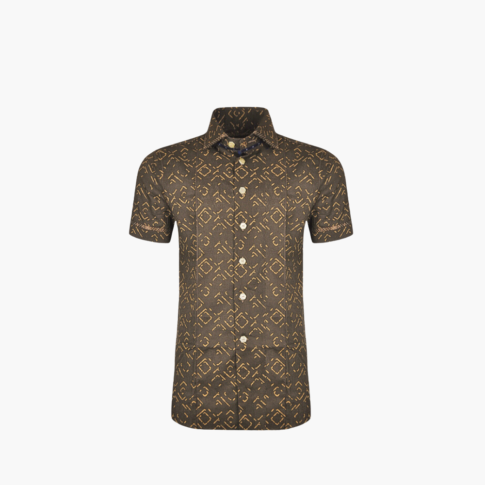 Brown  Fret Pattern Short Sleeves Linen Shirt - AG24S1HAS11