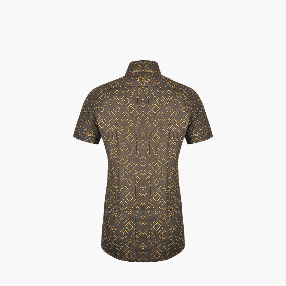 Brown Fret Pattern Short Sleeves Linen Shirt - Angelo Galasso - Luxury Italian Menswear London