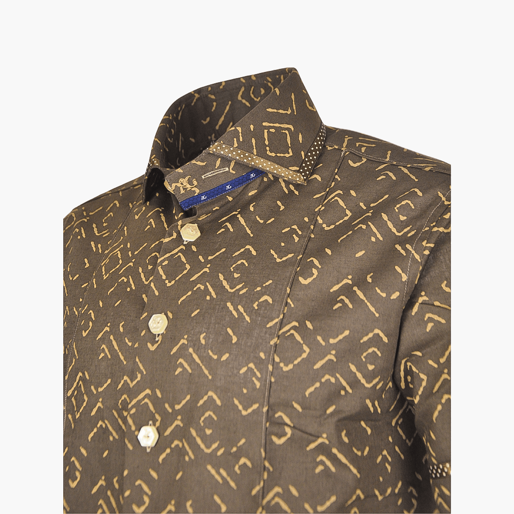 Brown Fret Pattern Short Sleeves Linen Shirt - Angelo Galasso - Luxury Italian Menswear London