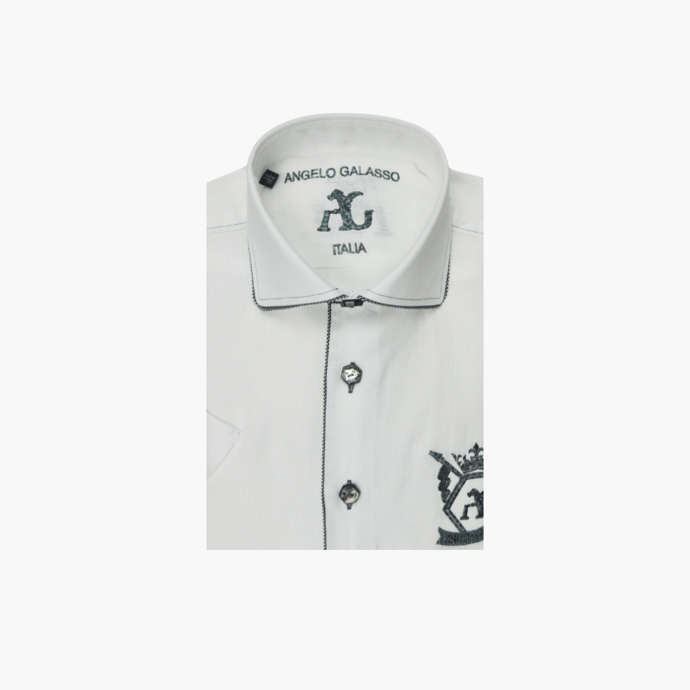 White Hexagonal Linen Short Sleeves Italia Shirt - AG24S1HAS16