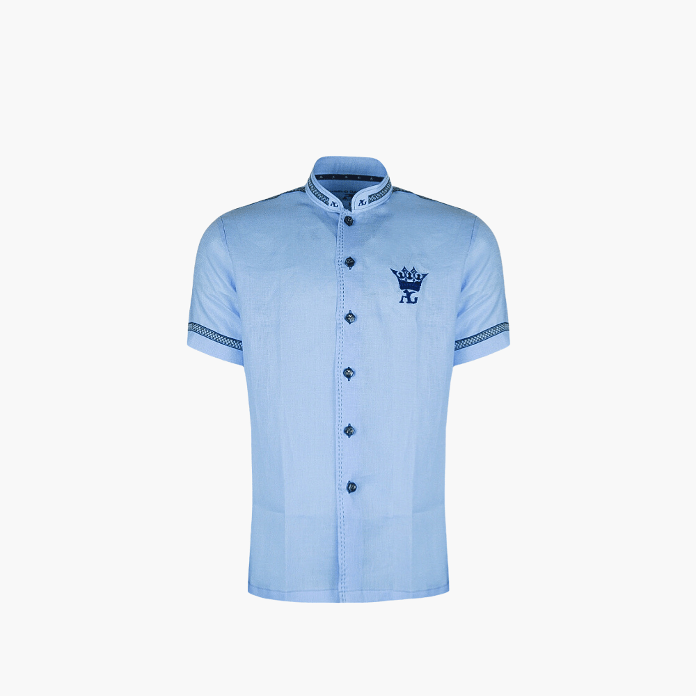 Light Blue Mao Collar AG Crown Shirt - Angelo Galasso - Luxury Italian Menswear London