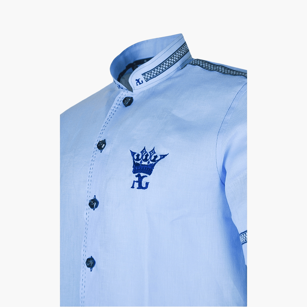 Light Blue Mao Collar AG Crown Shirt - Angelo Galasso - Luxury Italian Menswear London