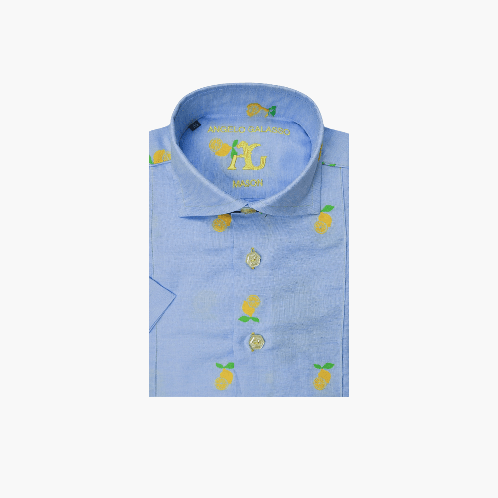 Blue Lemon Fil Coupe Linen Shirt - Angelo Galasso - Luxury Italian Menswear London