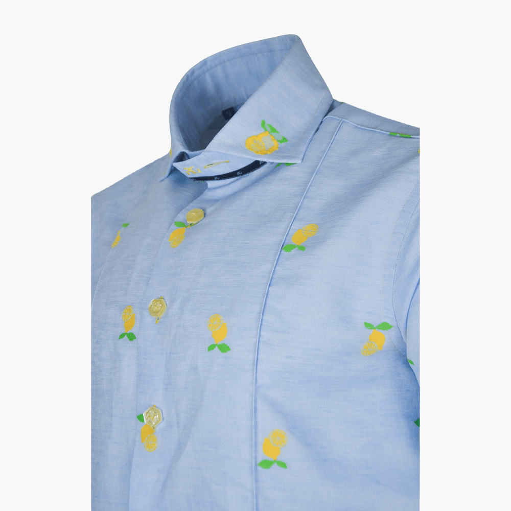 Blue Lemon Fil Coupe Linen Shirt - Angelo Galasso - Luxury Italian Menswear London