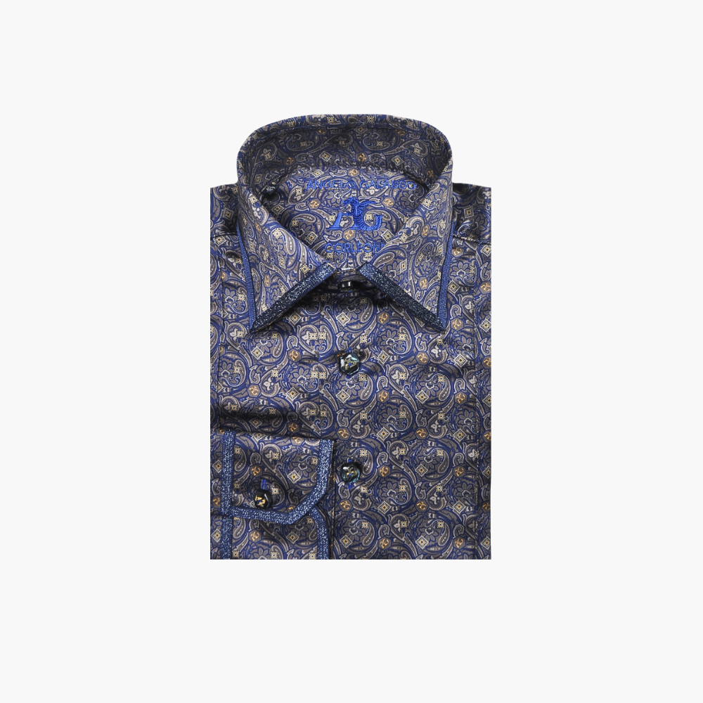 Blue & Brown Paisley Custom Print Silk Shirt -
