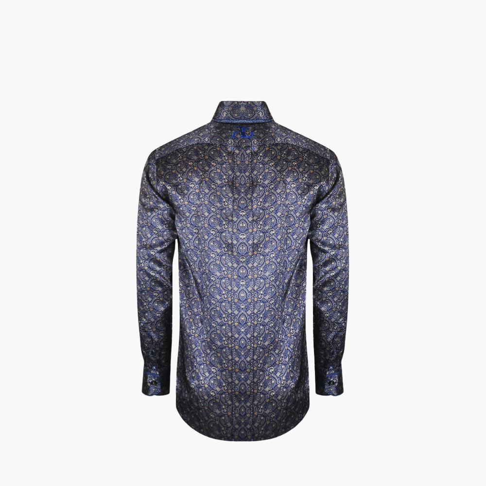Blue & Brown Paisley Custom Print Silk Shirt -