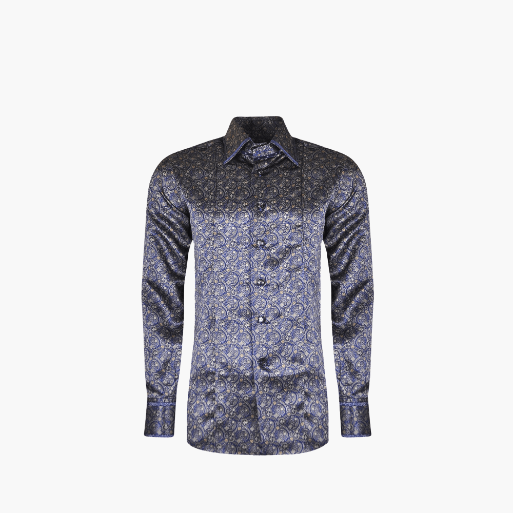 Blue & Brown Paisley Custom Print Silk Shirt - Angelo Galasso - Luxury Italian Menswear London