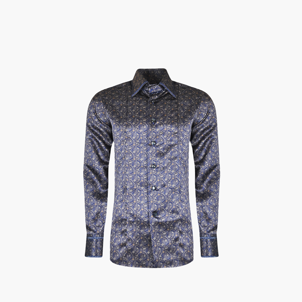 Blue & Brown Paisley Custom Print Silk Shirt -