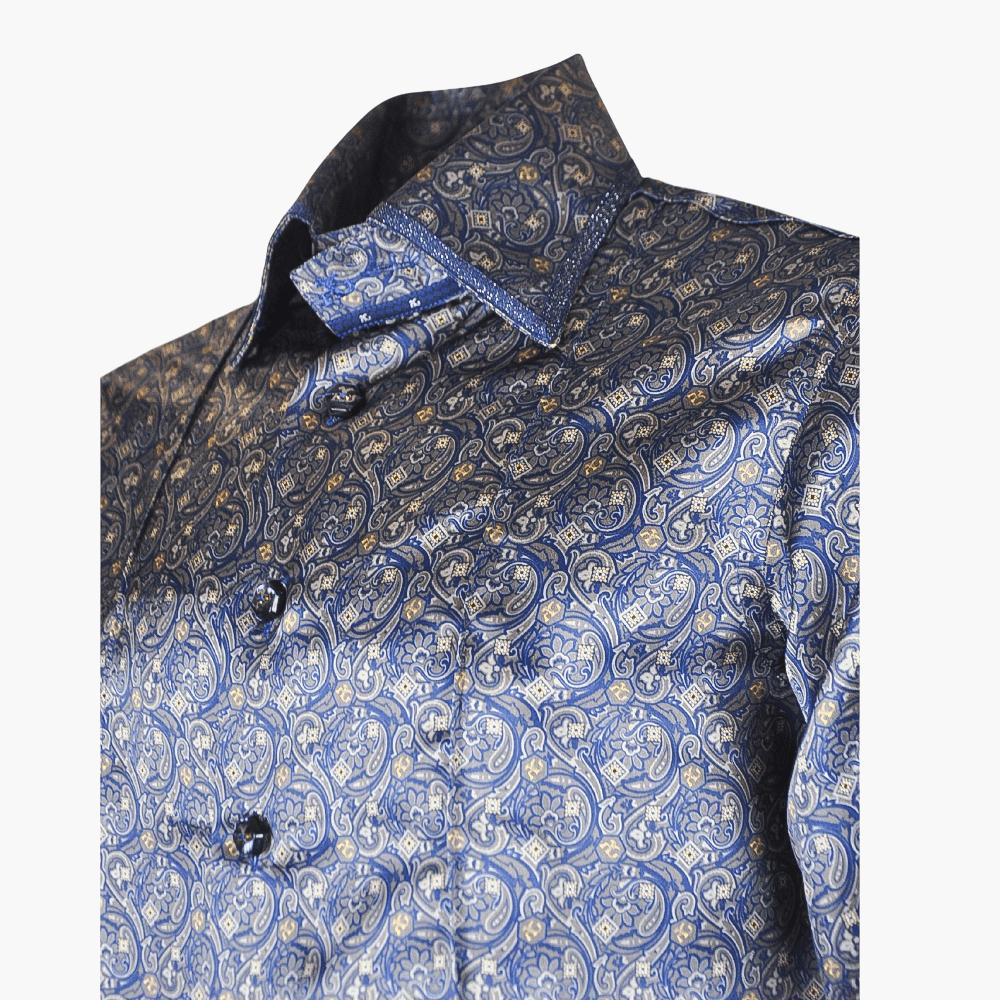 Blue & Brown Paisley Custom Print Silk Shirt - Angelo Galasso - Luxury Italian Menswear London